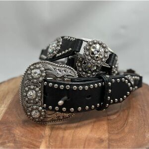 NOCONA Cowgirl XL Black Leather Bejeweled Rhinestones & Studs Western Belt Rodeo